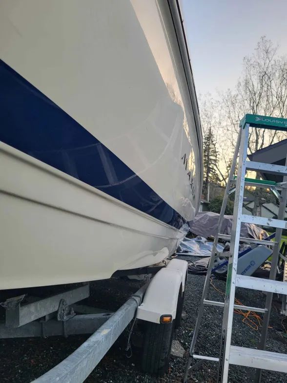 Polished boat hull on the trailer